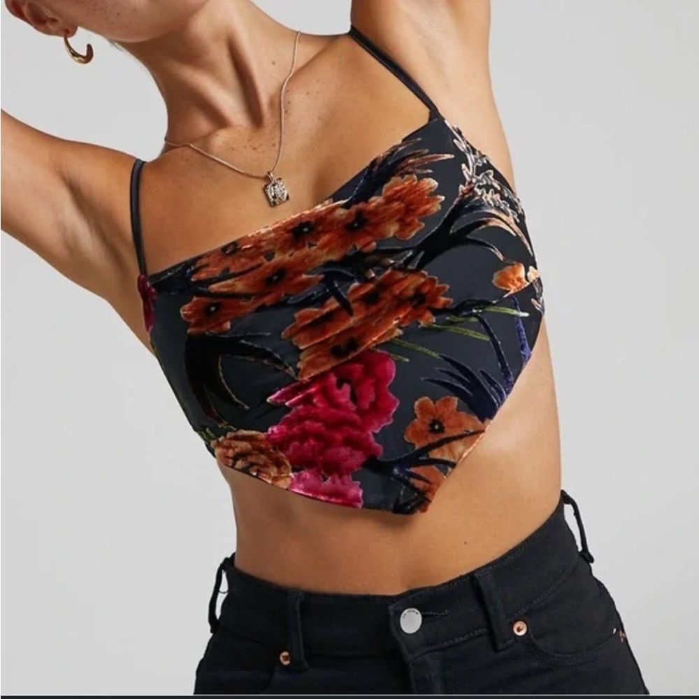 NWT WeWoreWhat Elegant Flocked Velvet Cowl Floral Triangle Back Tie Crop Top